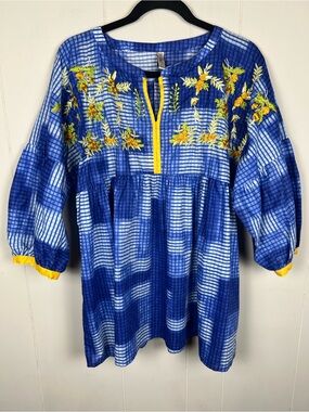 Embroidered Cotton Balloon Sleeve Boho Baby Doll Tunic Blue Yellow Size Medium